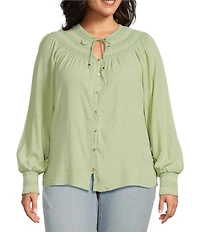 Nurture by Westbound Plus Size Woven Long Sleeve Button Front Novelty Smocking Top