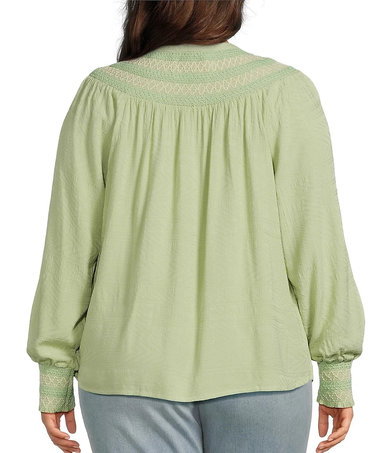 Nurture by Westbound Plus Size Woven Long Sleeve Button Front Novelty Smocking Top