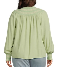 Nurture by Westbound Plus Size Woven Long Sleeve Button Front Novelty Smocking Top