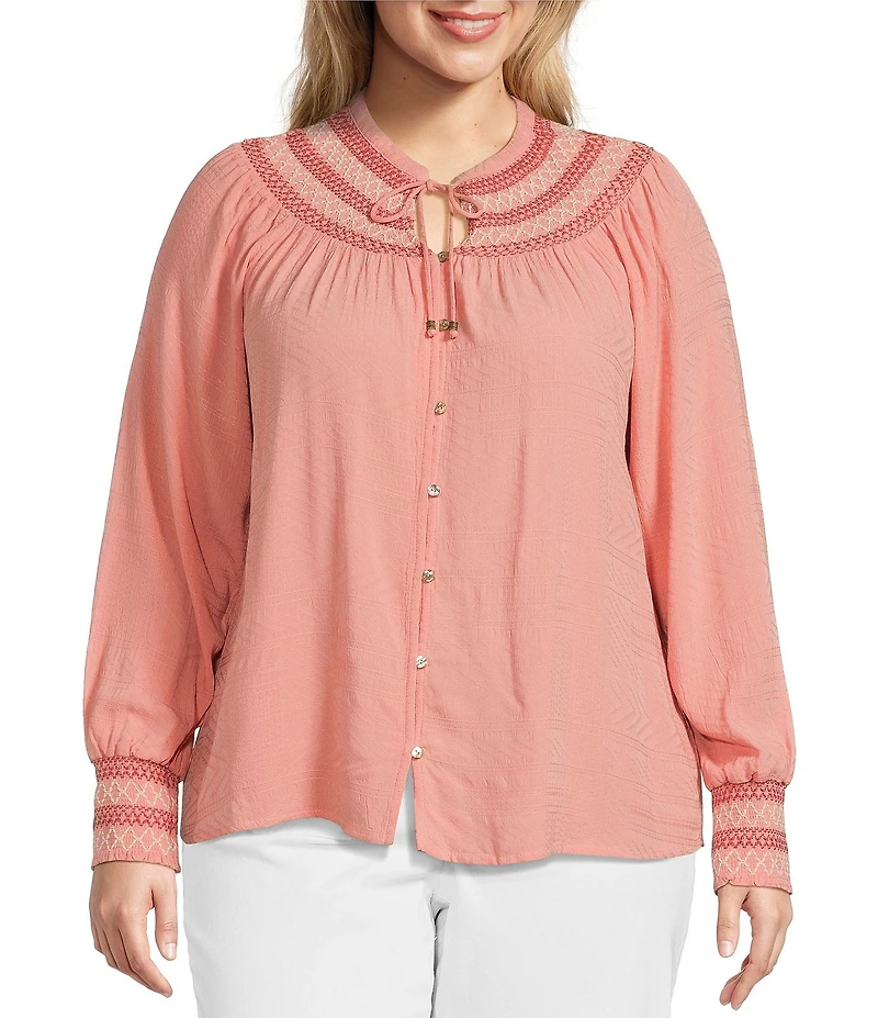 Nurture by Westbound Plus Size Woven Long Sleeve Button Front Novelty Smocking Top