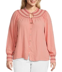 Nurture by Westbound Plus Size Woven Long Sleeve Button Front Novelty Smocking Top