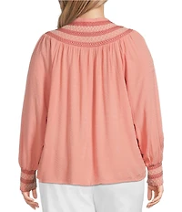Nurture by Westbound Plus Size Woven Long Sleeve Button Front Novelty Smocking Top