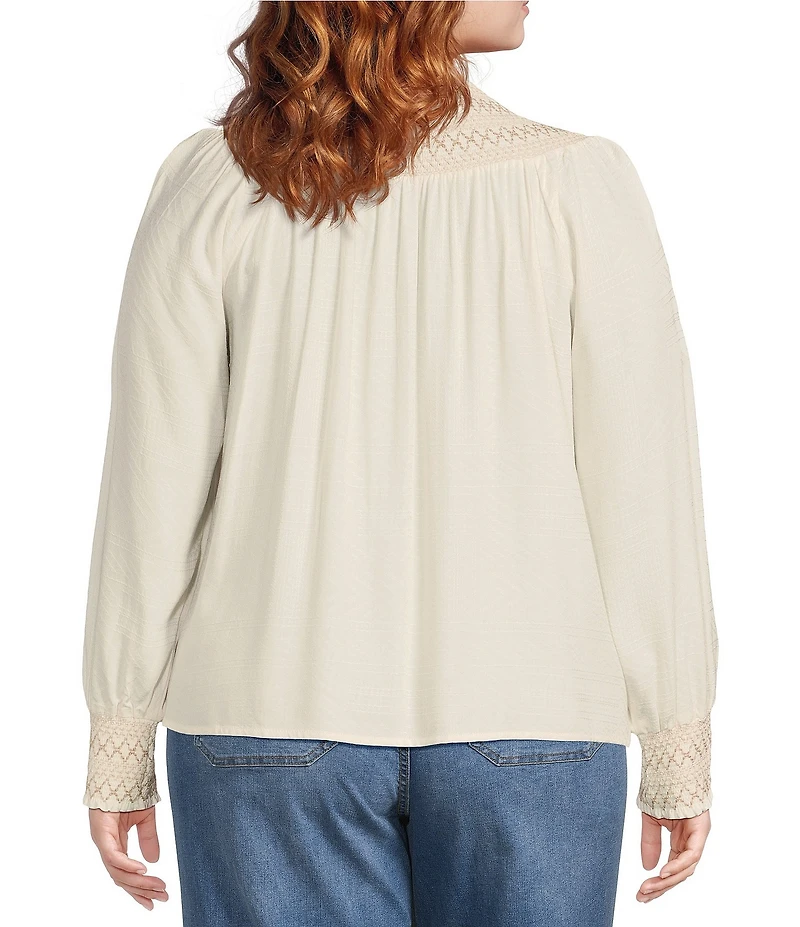 Nurture by Westbound Plus Size Woven Long Sleeve Button Front Novelty Smocking Top