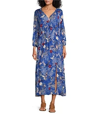 Nurture by Westbound V-Neck Floral Maxi Front Slit Elbow Sleeve Dress