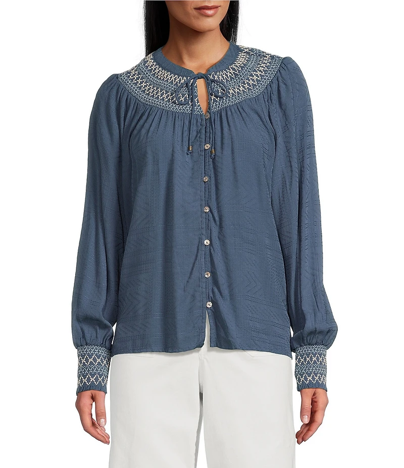 Nurture by Westbound Woven Long Sleeve Button Front Novelty Smocking Top