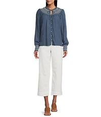 Nurture by Westbound Woven Long Sleeve Button Front Novelty Smocking Top