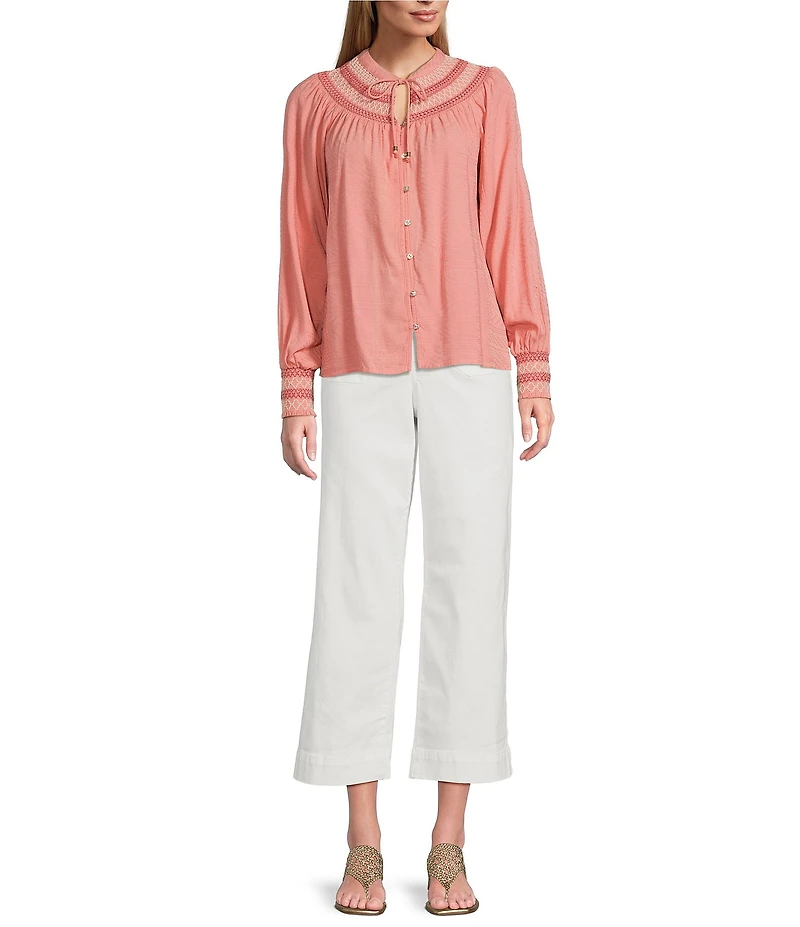 Nurture by Westbound Woven Long Sleeve Button Front Novelty Smocking Top