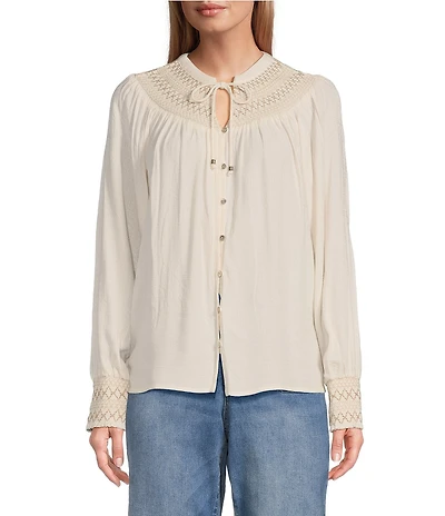Nurture by Westbound Woven Long Sleeve Button Front Novelty Smocking Top