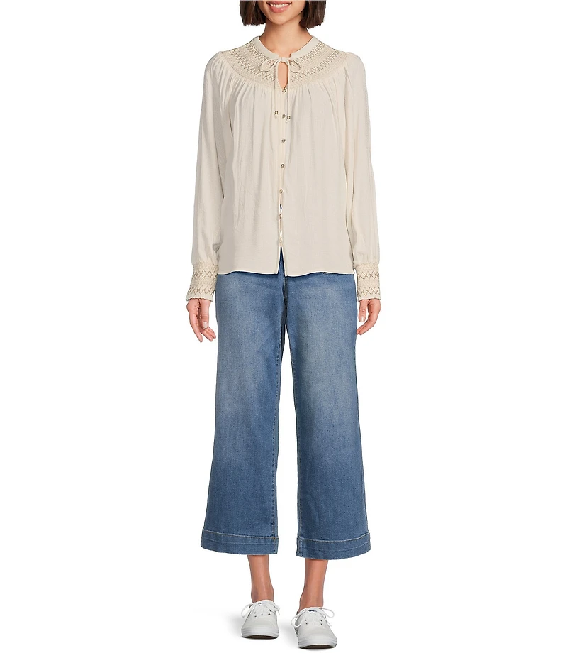 Nurture by Westbound Woven Long Sleeve Button Front Novelty Smocking Top