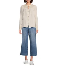 Nurture by Westbound Woven Long Sleeve Button Front Novelty Smocking Top