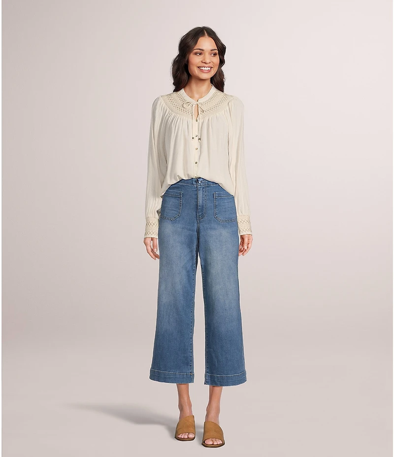 Nurture by Westbound Woven Long Sleeve Button Front Novelty Smocking Top