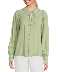 Nurture by Westbound Woven Long Sleeve Button Front Novelty Smocking Top