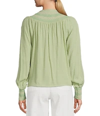 Nurture by Westbound Woven Long Sleeve Button Front Novelty Smocking Top