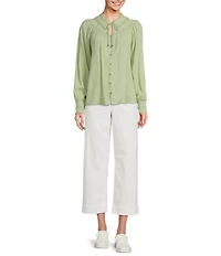 Nurture by Westbound Woven Long Sleeve Button Front Novelty Smocking Top