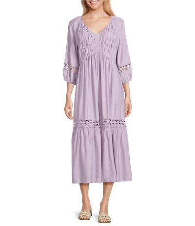 Nurture Crinkle Dobby Smocked 3/4 Sleeve V-Neck Maxi Dress
