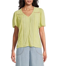 Nurture Crinkle Woven Embroidered Short Sleeve V-Neck Top