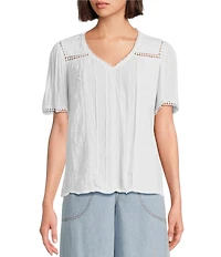 Nurture Crinkle Woven Embroidered Short Sleeve V-Neck Top