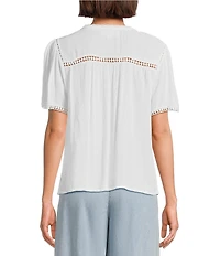 Nurture Crinkle Woven Embroidered Short Sleeve V-Neck Top