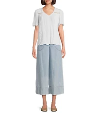 Nurture Crinkle Woven Embroidered Short Sleeve V-Neck Top
