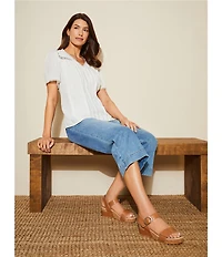 Nurture Crinkle Woven Embroidered Short Sleeve V-Neck Top