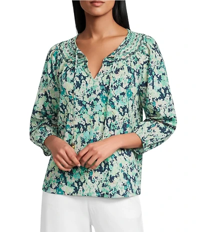 Nurture Ditsy Floral Embroidered Eyelet 3/4 Sleeve Ruched V-Neck Top