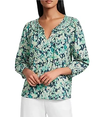 Nurture Ditsy Floral Embroidered Eyelet 3/4 Sleeve Ruched V-Neck Top