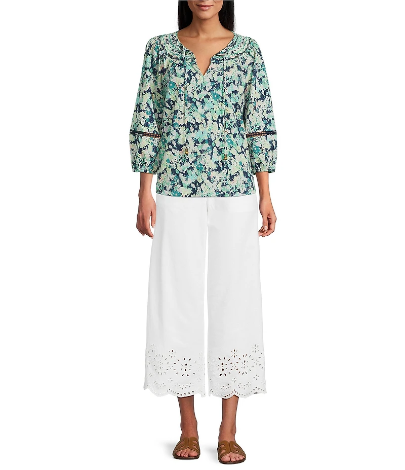 Nurture Ditsy Floral Embroidered Eyelet 3/4 Sleeve Ruched V-Neck Top