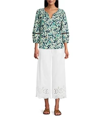 Nurture Ditsy Floral Embroidered Eyelet 3/4 Sleeve Ruched V-Neck Top
