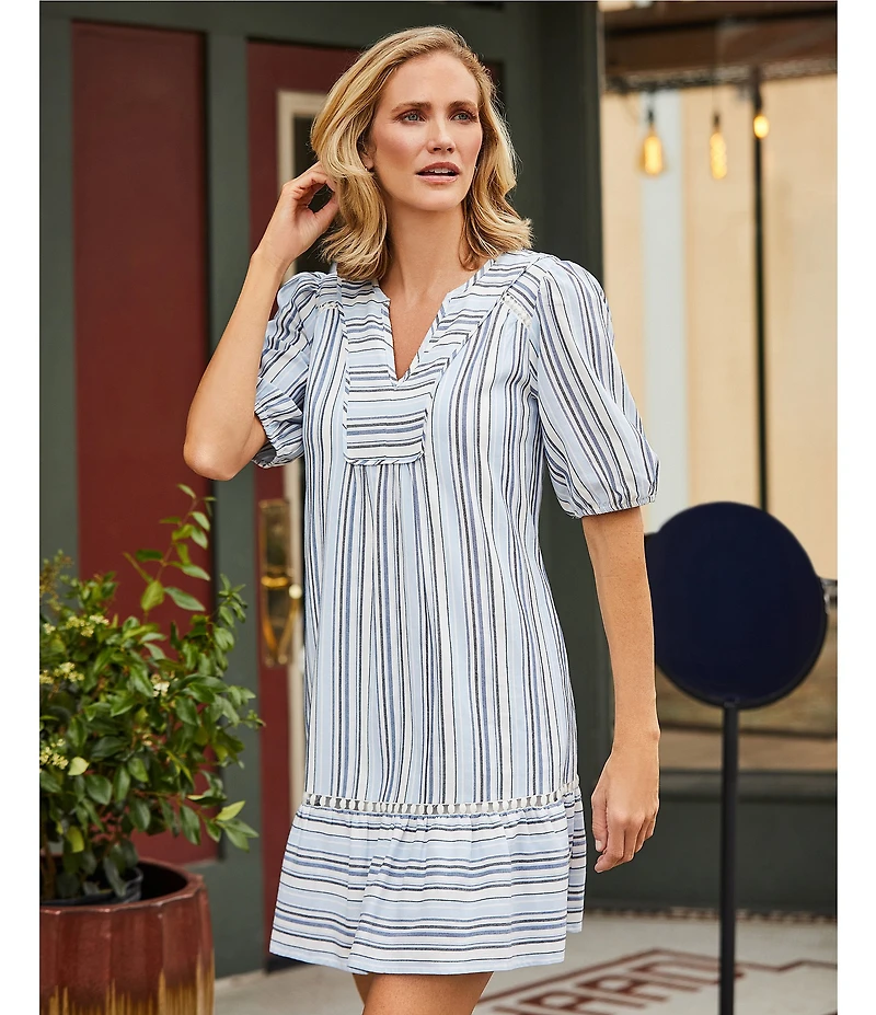 Nurture Stripe Print Elbow Sleeve V-Neck Short A-Line Dress