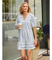 Nurture Stripe Print Elbow Sleeve V-Neck Short A-Line Dress
