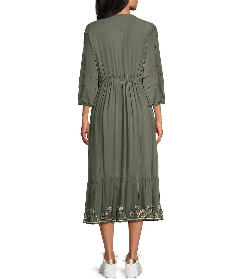 Nurture Embroidered 3/4 Sleeve V-Neck Midi Dress