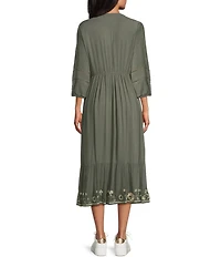 Nurture Embroidered 3/4 Sleeve V-Neck Midi Dress