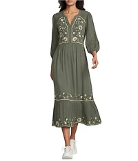 Nurture Embroidered 3/4 Sleeve V-Neck Midi Dress