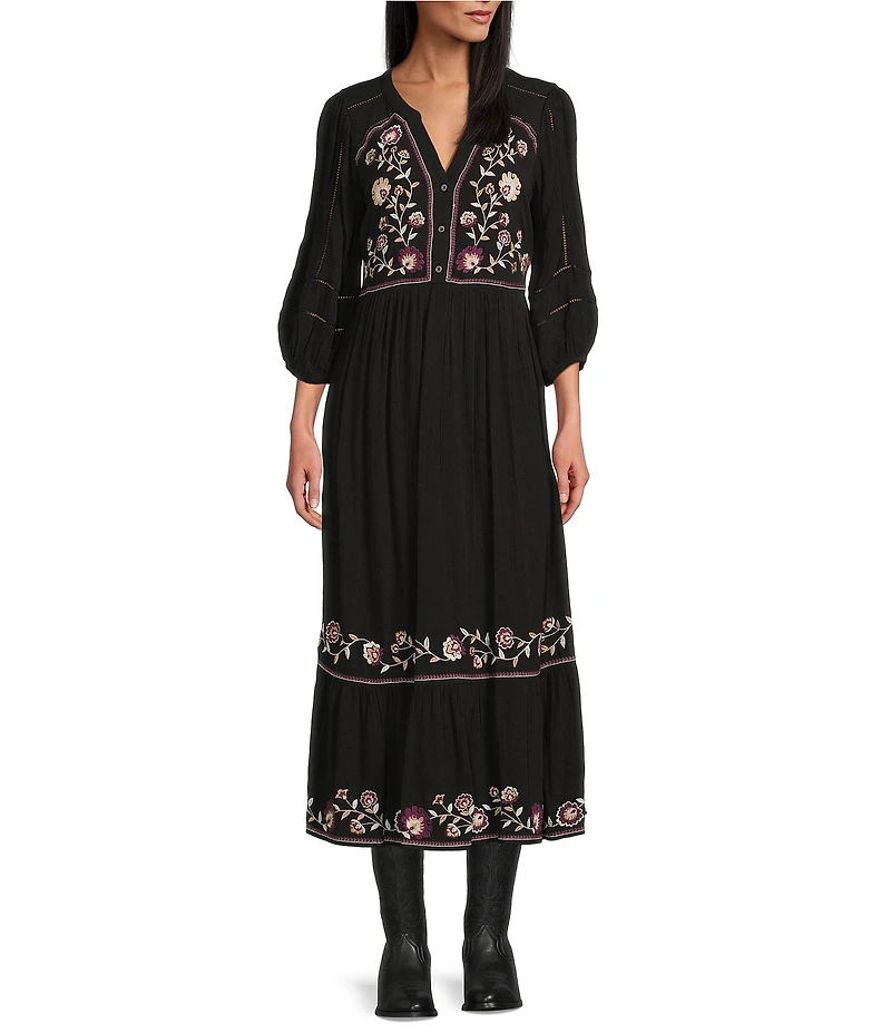 Nurture Embroidered 3/4 Sleeve V-Neck Midi Dress