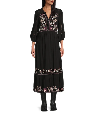 Nurture Embroidered 3/4 Sleeve V-Neck Midi Dress