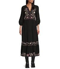 Nurture Embroidered 3/4 Sleeve V-Neck Midi Dress