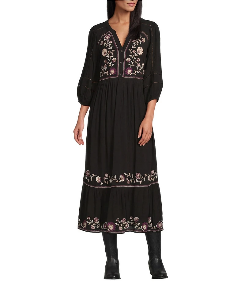 Nurture Embroidered 3/4 Sleeve V-Neck Midi Dress