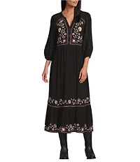 Nurture Embroidered 3/4 Sleeve V-Neck Midi Dress