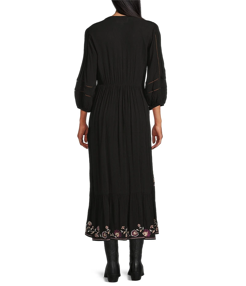 Nurture Embroidered 3/4 Sleeve V-Neck Midi Dress