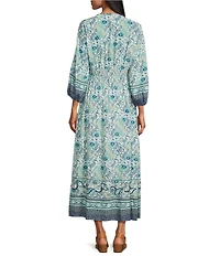 Nurture Embroidered Button Front V-Neck 3/4 Sleeve Maxi Dress