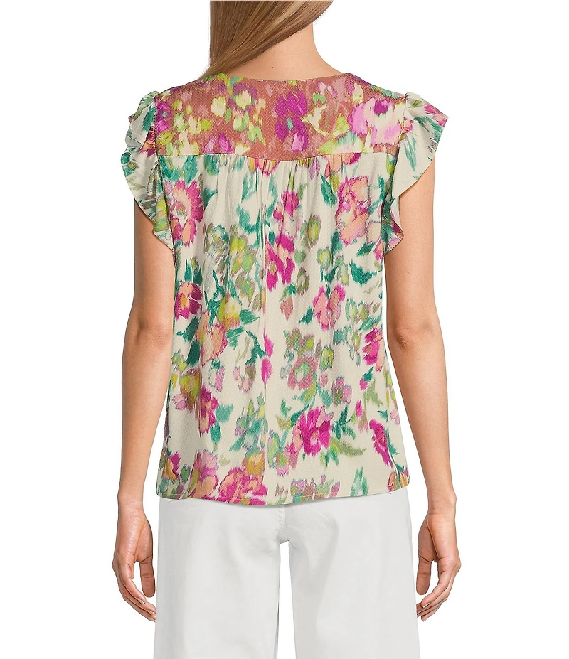 Nurture Embroidered Floral Ikat Print Flutter Sleeve Top