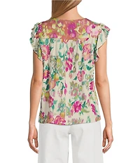 Nurture Embroidered Floral Ikat Print Flutter Sleeve Top