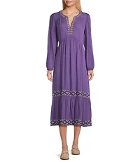 Nurture Embroidered Long Sleeve V-Neck Midi Dress