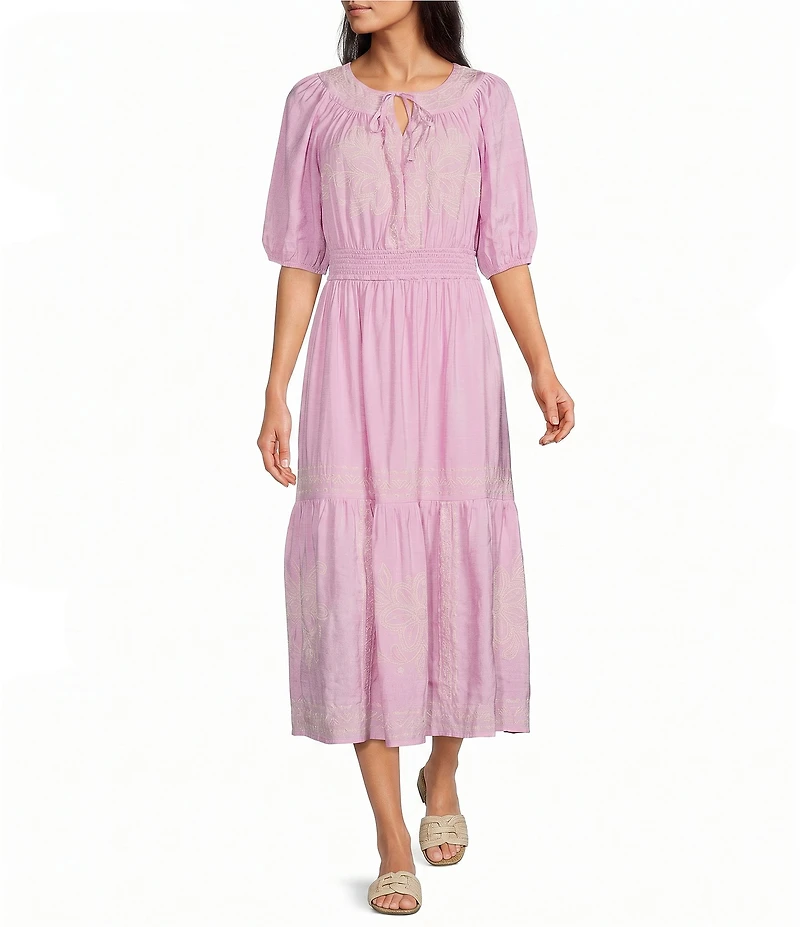 Nurture Embroidered Puff Sleeve V-Neck Maxi Dress