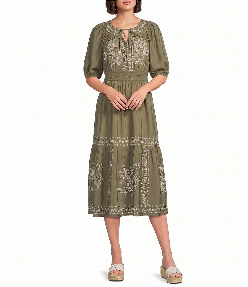 Nurture Embroidered Puff Sleeve V-Neck Maxi Dress