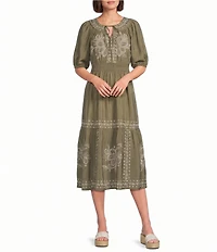 Nurture Embroidered Puff Sleeve V-Neck Maxi Dress