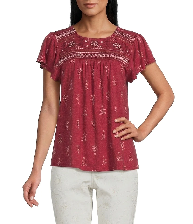 Nurture Embroidered Short Flutter Sleeve Crew Neck Knit Top