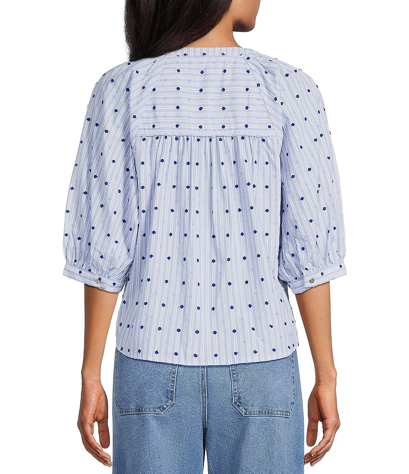 Nurture Embroidered Stripe Button Front Elbow Sleeve Y-Neck Top