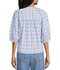 Nurture Embroidered Stripe Button Front Elbow Sleeve Y-Neck Top