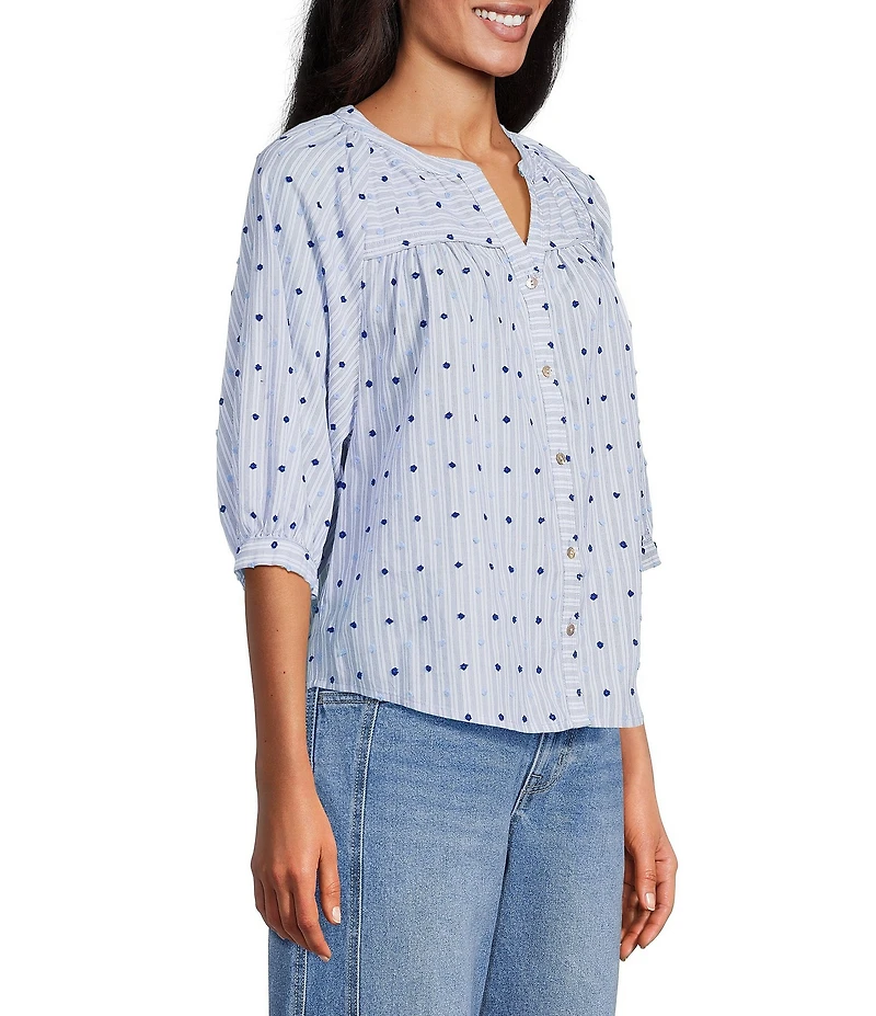 Nurture Embroidered Stripe Button Front Elbow Sleeve Y-Neck Top